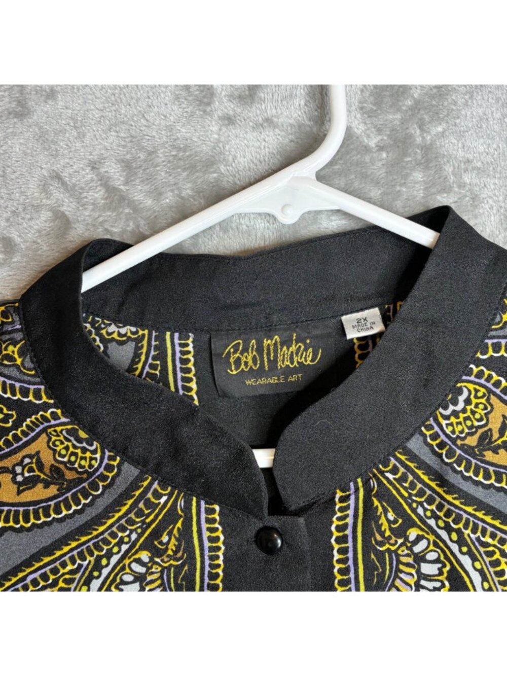 Bob Mackie Wearable Art Paisley Button-Up Shirt 2X Gray & Yellow Long Sleeve PET - Picture 9 of 11